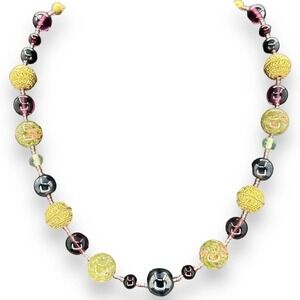 Glass Beads Necklace 17” Choker Green Purple Beads over Gold Plated